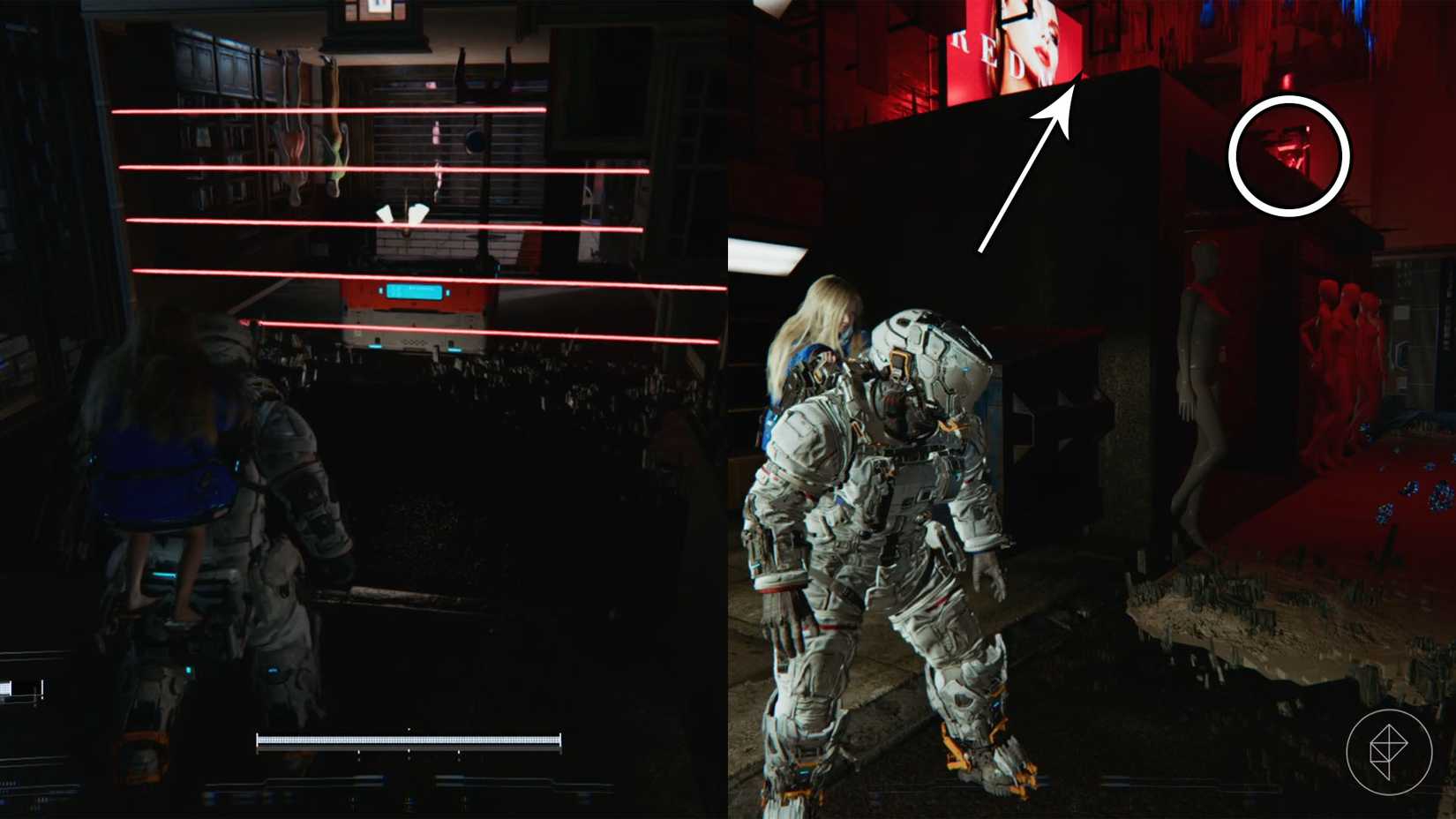 A person in a space suit carrying a girl on his back standing in front of a safe box with lasers in the way and beside a platform with a red circle.