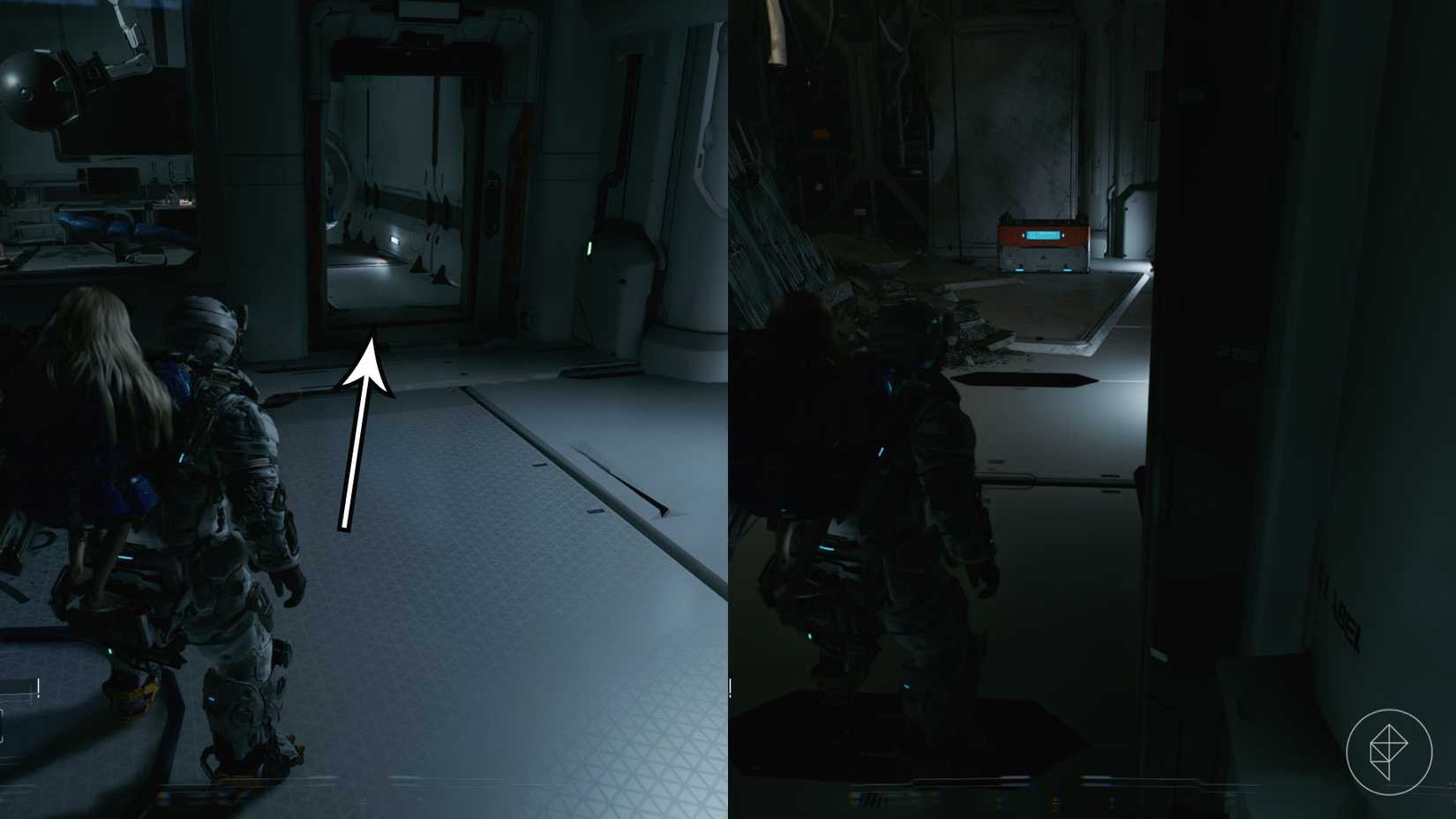 A man carrying a girl on his back standing in front of a door way and a chest in Pragmata.