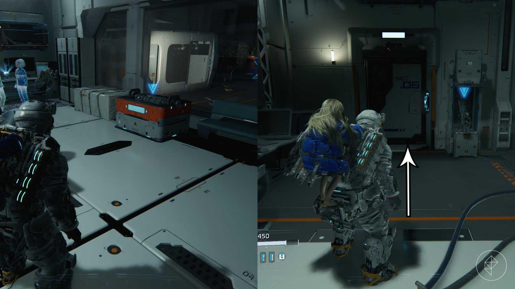 A man carrying a girl on his back standing in front of a chest and a door in Pragmata.