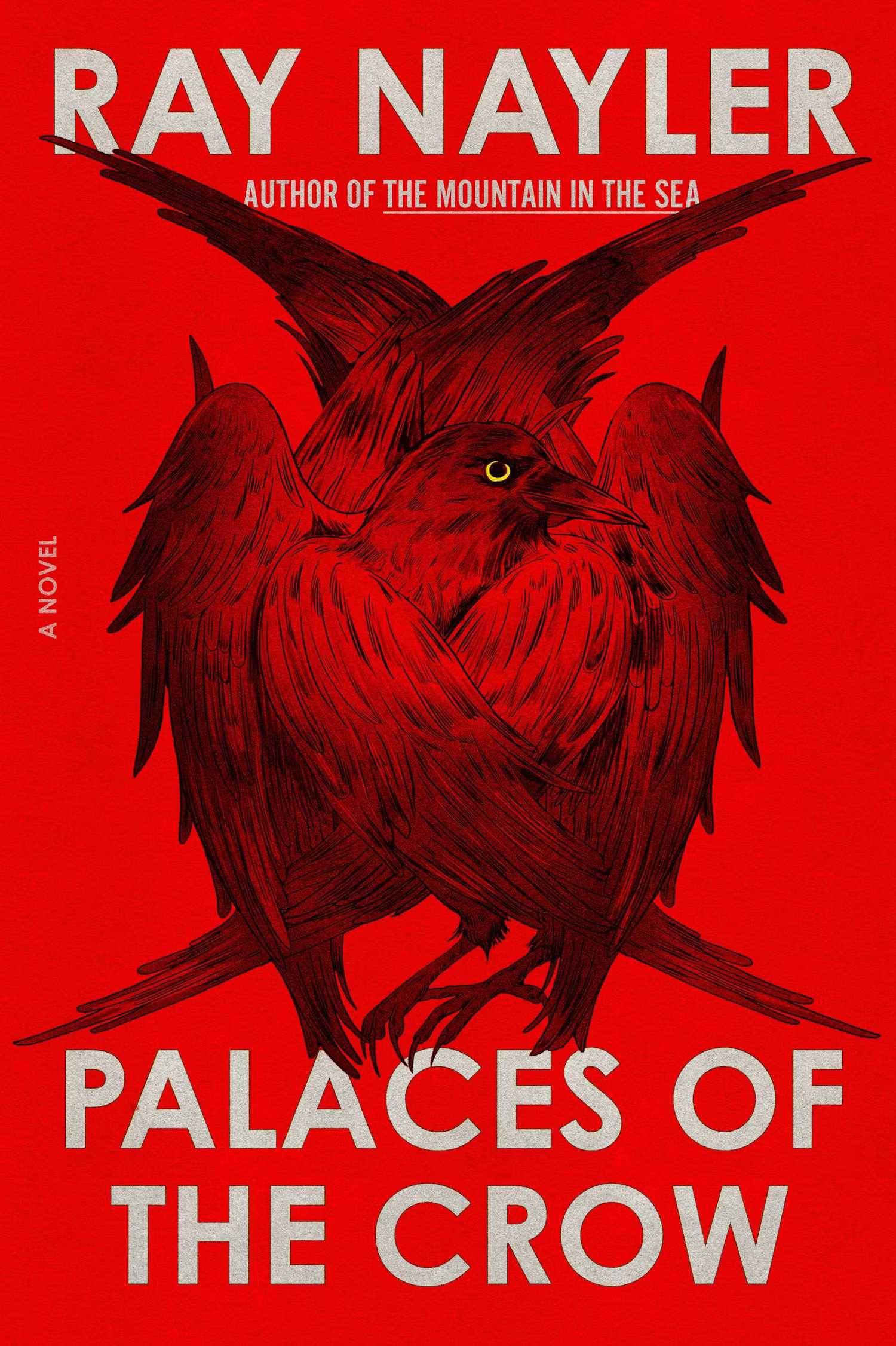 A red book cover displaying several crows. One is looking directly at the reader. 