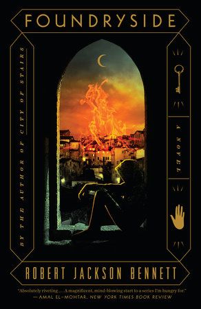 Elden Ring: 4 livros de fantasia para quem ama o jogo 1 Capa do livro Foundryside mostrando uma figura encapuzada em uma janela sobre uma cidade industrial