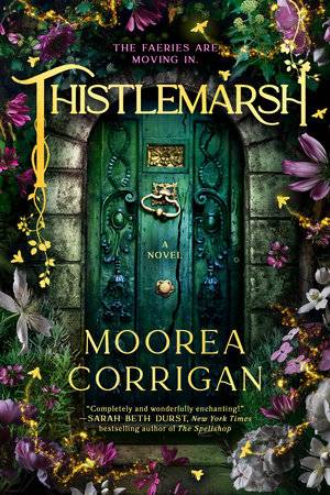 A book cover depicting a mysterious green door surrounded by plants 