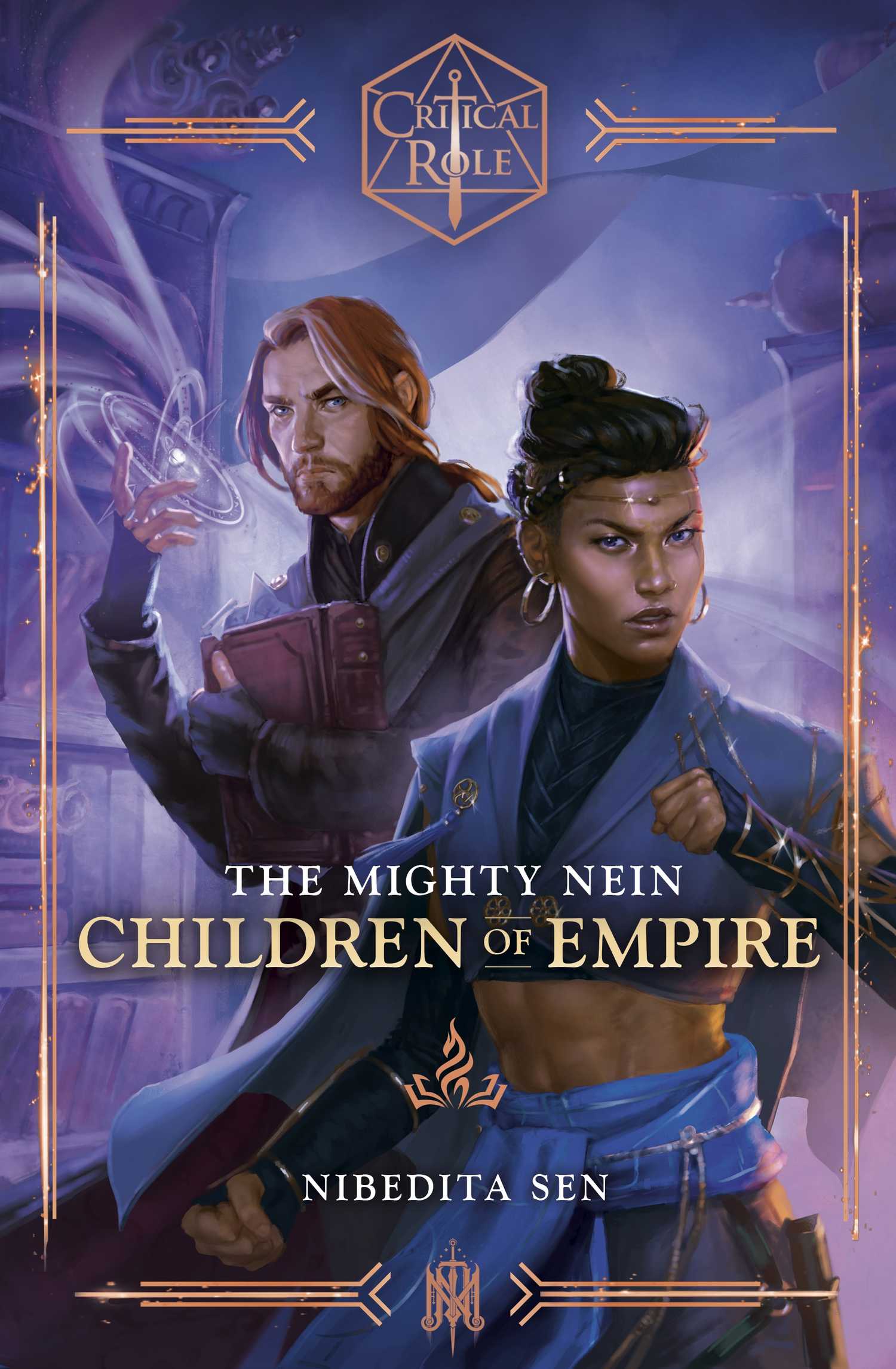 The book cover for The Mighty Nein — Children of Empire, showing Beauregard Lionett and Caleb Widogast from Critical Role Campaign 2 in an action pose