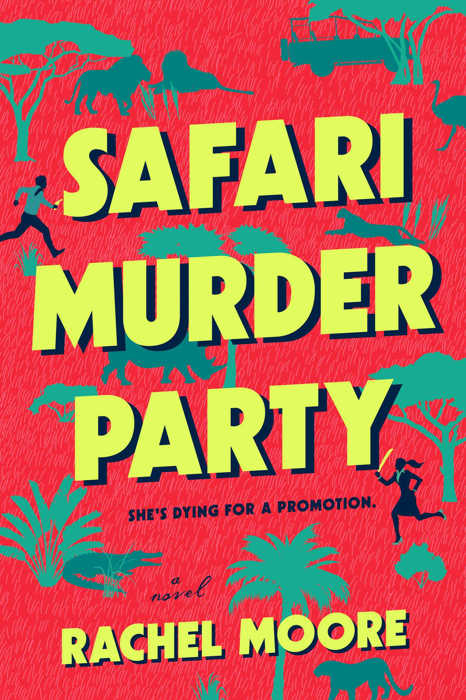 A red book cover with pictures of safari plants, wild animals, and a man and a woman running
