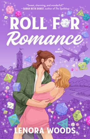 A book cover depicting a handsome man holding a beautiful woman. They are surrounded by multicolored dice used for gaming.