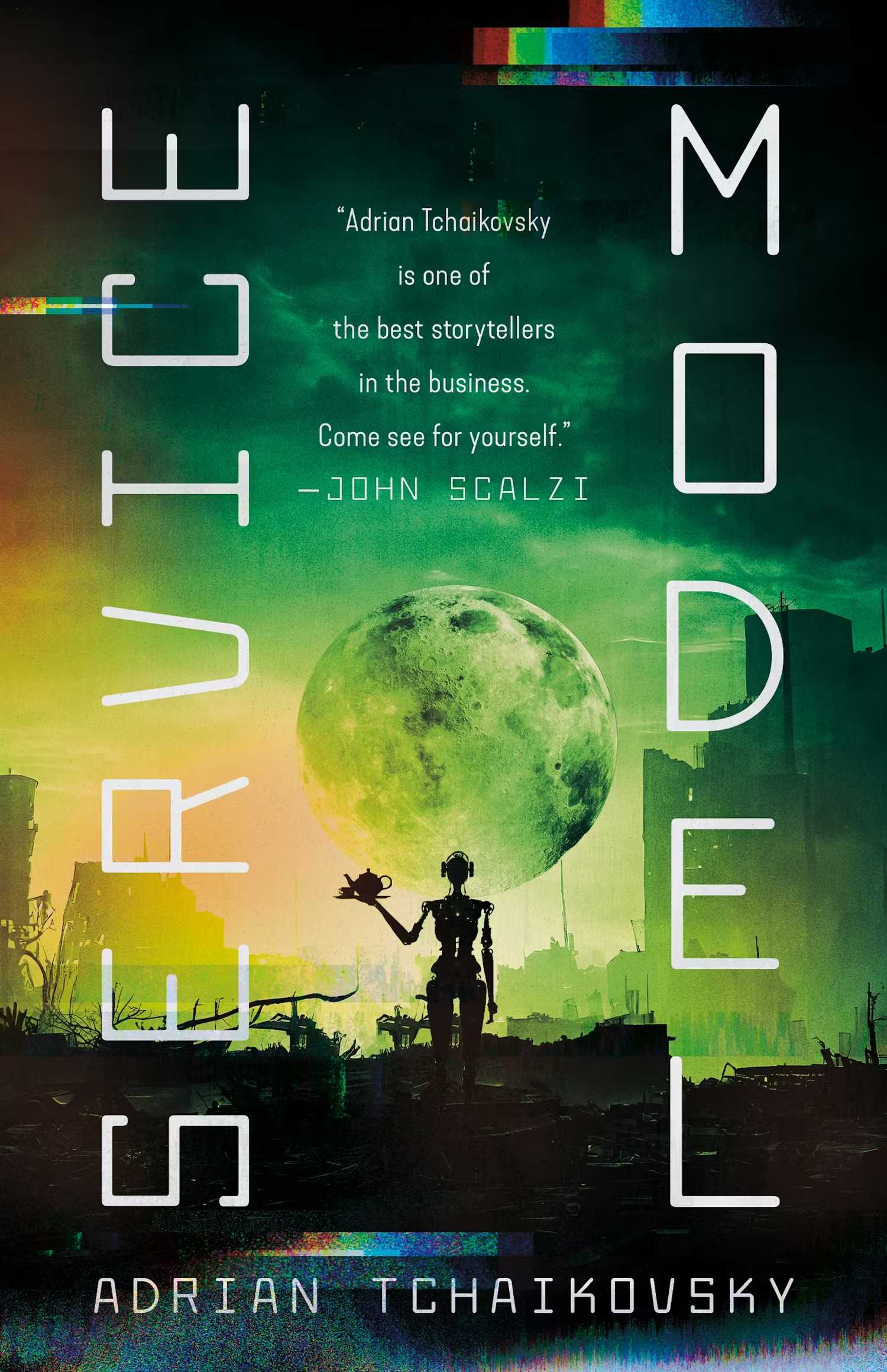 Una portada de libro verde que representa la silueta de un robot frente a una luna