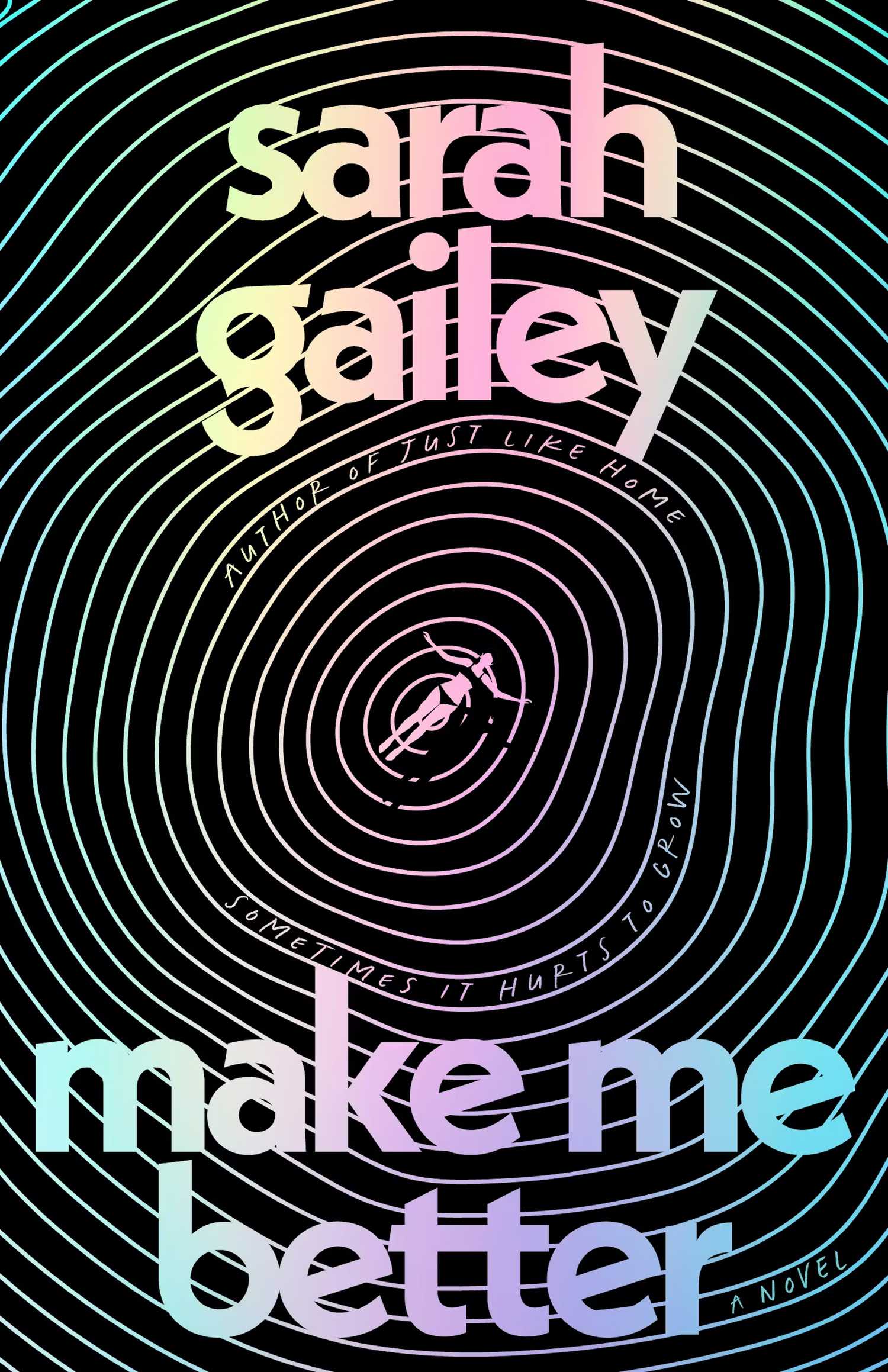 A book cover displaying a woman floating surrounded by multi-colored rings 