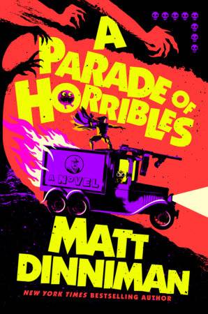 A book cover depicting a truck careening across its cover. A man in a cape is standing on top of it. 