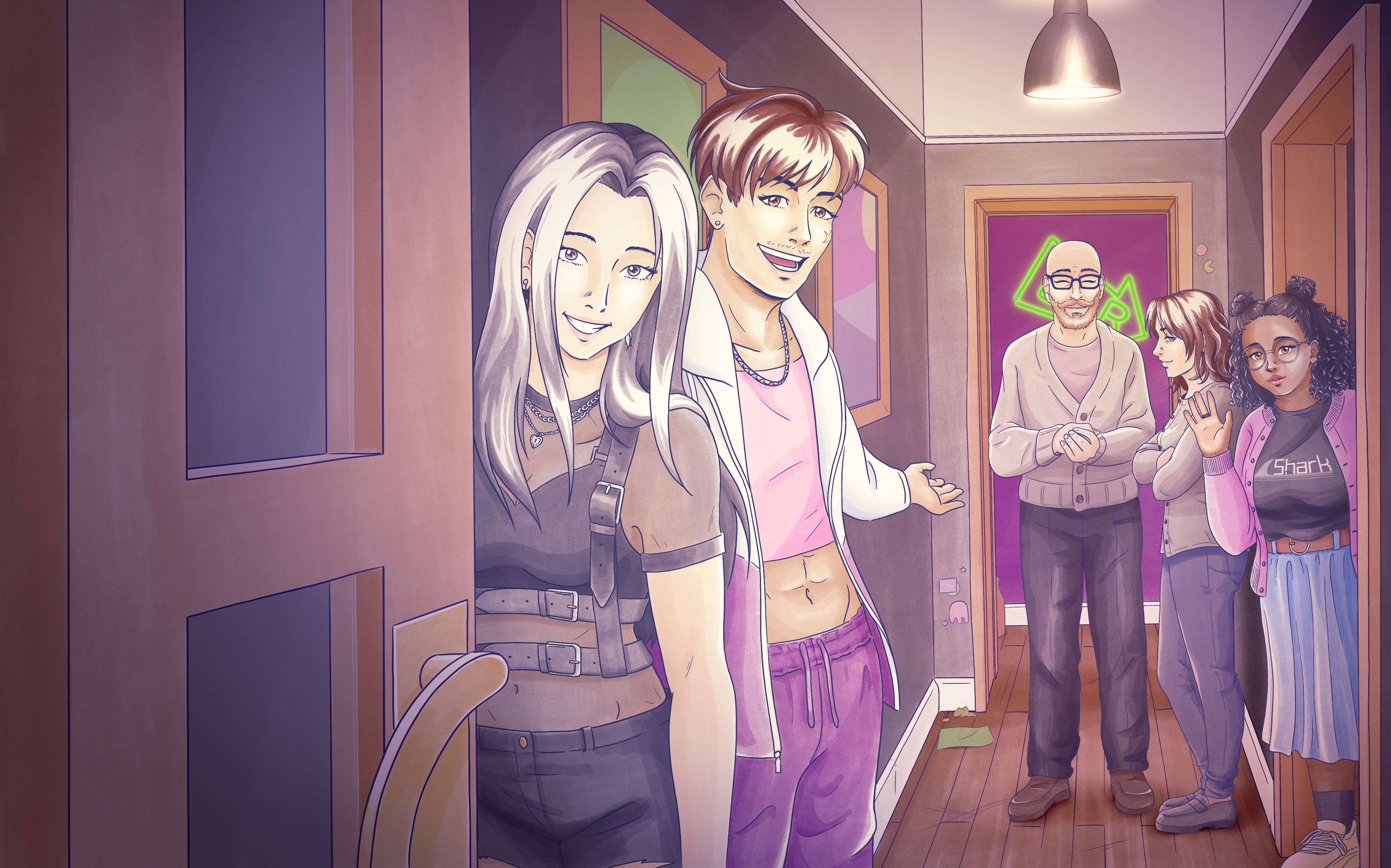 Characters stand in a hallway in Ace and Aro: Heart to Heart.