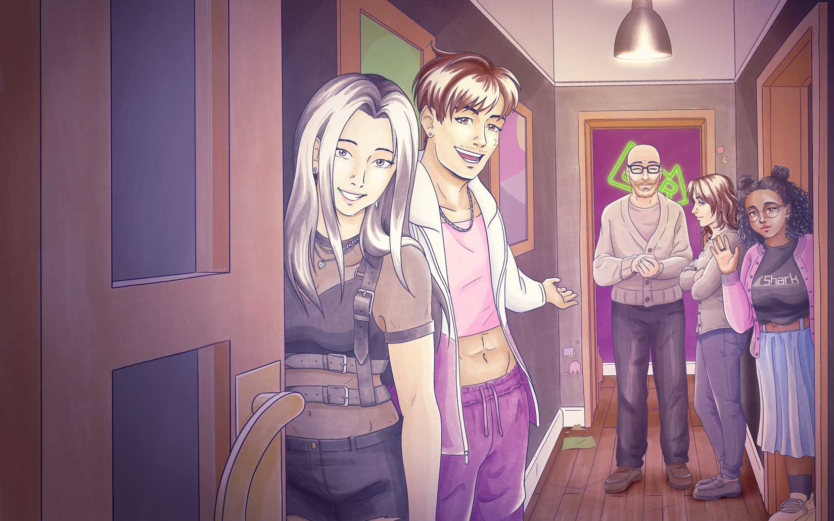 Characters stand in a hallway in Ace and Aro: Heart to Heart.