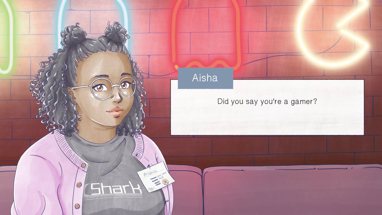 A character says "Did you say you're a gamer?" in Ace and Aro: Heart to Heart.