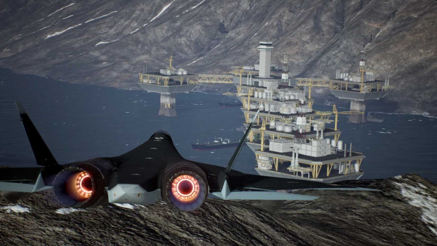 Still from Ace Combat 7 Mission 11 as fighter jet nears a group of oil rigs. 