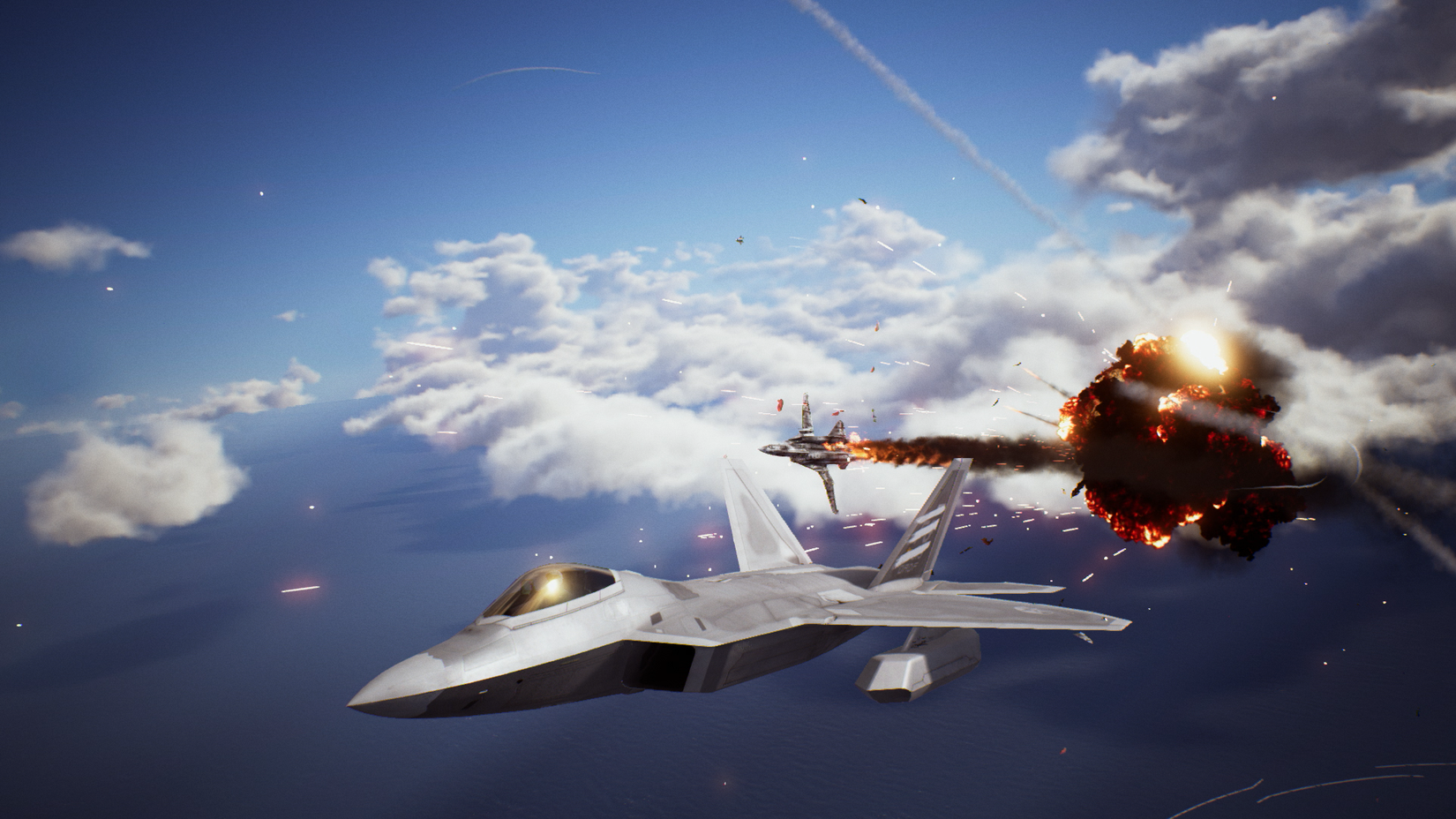 Still from Ace Combat 7 as a bogey falls in a fireball of desctuction behind a fighter jet. 