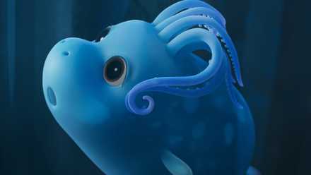 A piglet squid named Ally — a soft blue sea creature with wide brown eyes and a mass of tentacles for hair — gapes in wonder, looking up through the water in Bong Joon Ho's Ally