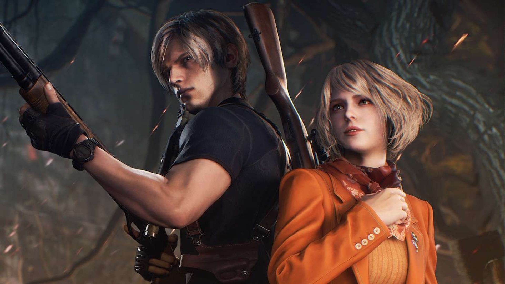 Leon Kennedy standing next to Ashley Graham in Resident Evil 4 remake