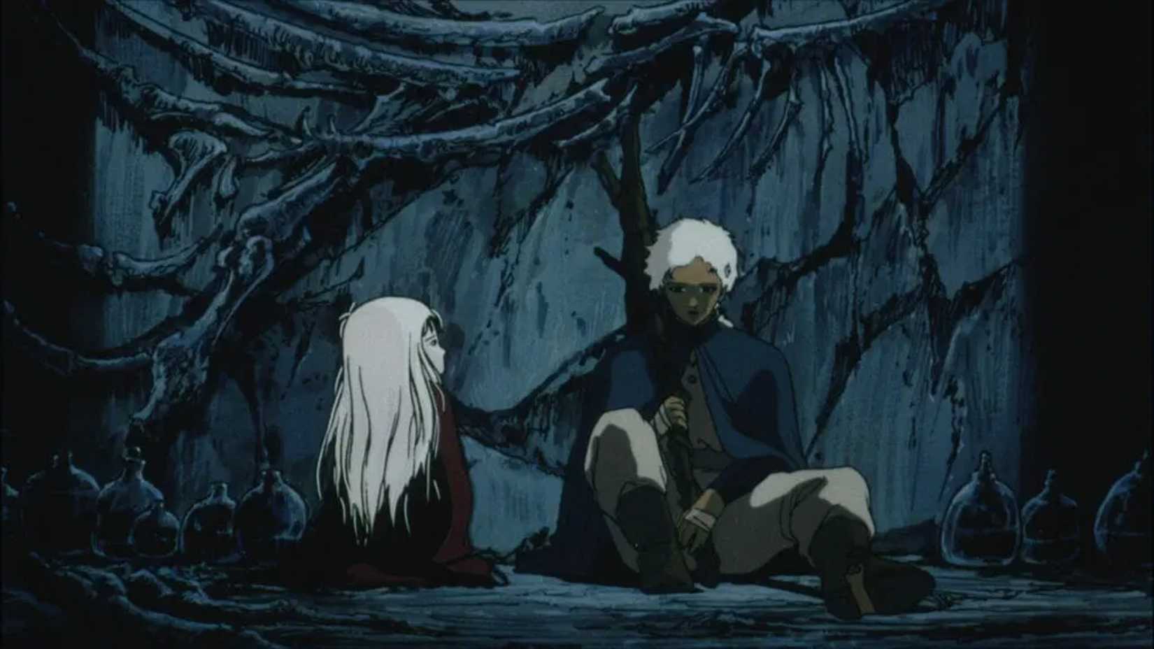 Still feom Angel's Egg featuring the soldier and the young girl resting by a wall. 