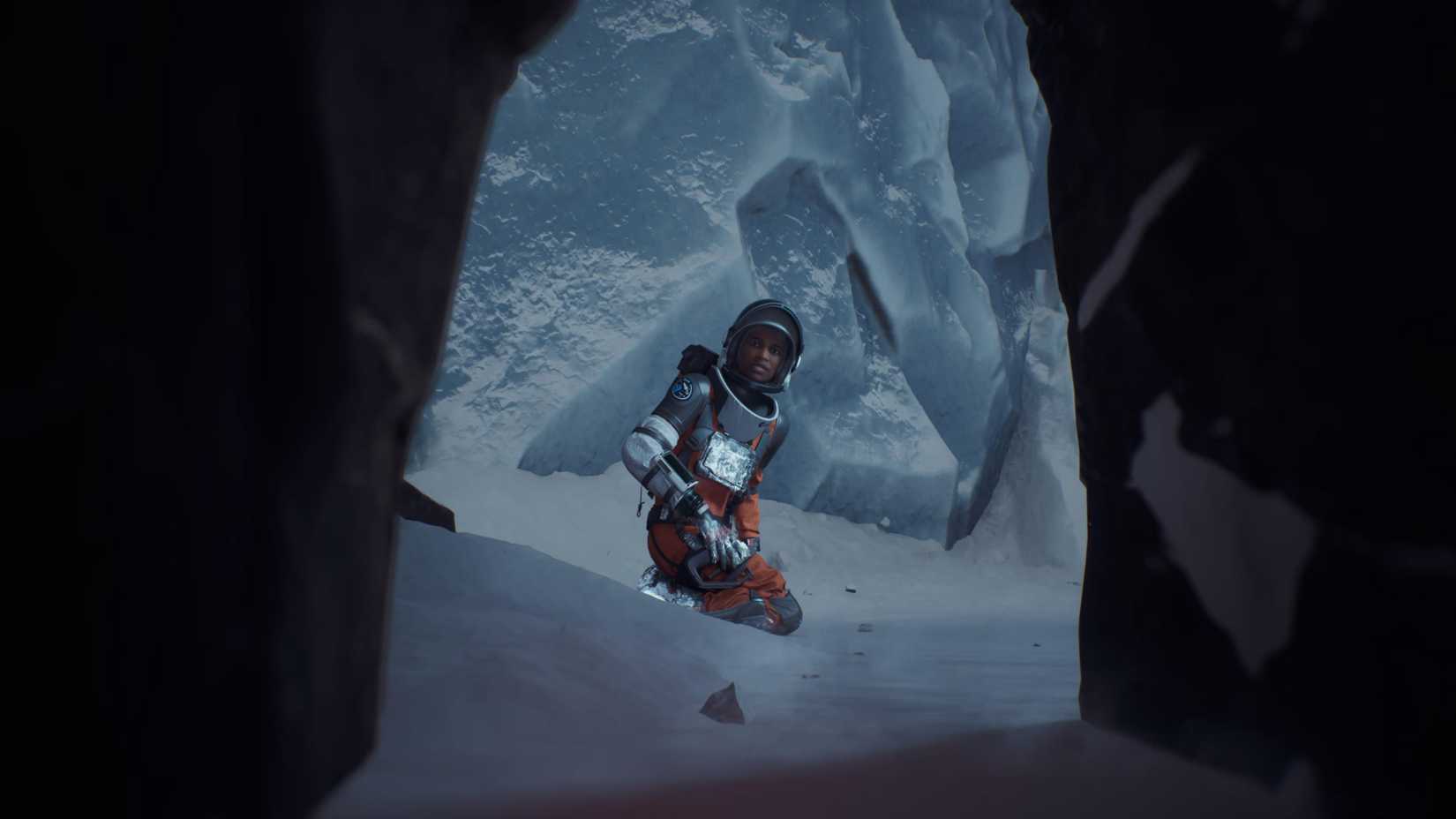 ESA astronaut Ariane looking to the camera frightened in a screenshot from the space adventure game Aphelion