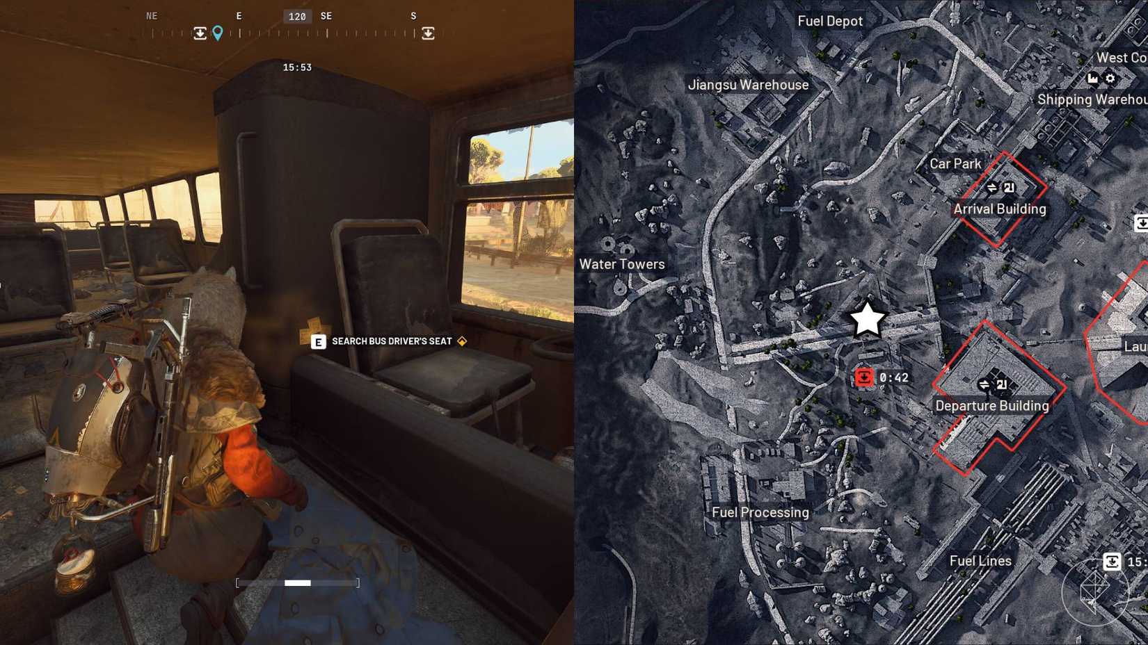 The left-hand side of the image shows the player in front of the objective in Arc Raiders while the right-hand side of the image shows the location marked on the in-game map with a star.