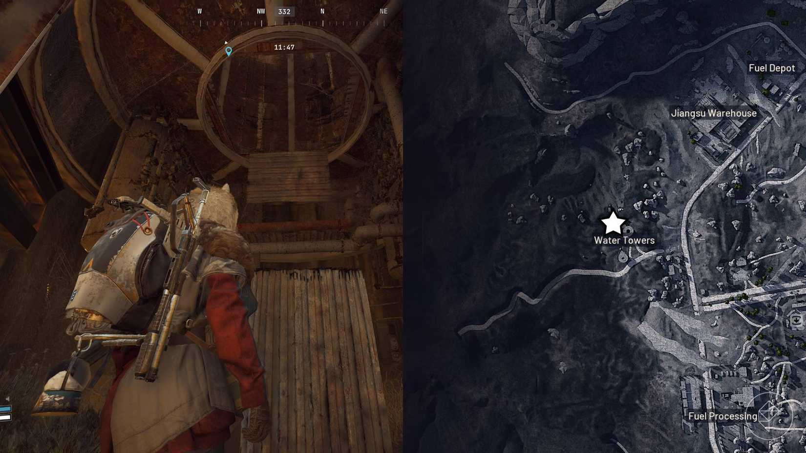 The left-hand side of the image shows the player in front of the objective in Arc Raiders while the right-hand side of the image shows the location marked on the in-game map with a star.