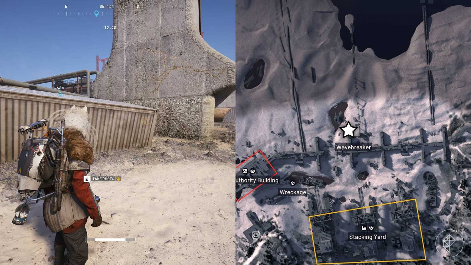 The left-hand side of the image shows the player in Arc Raiders standing in front of the objective for the quest while the right-hand side shows the location marked on the in-game map with a star.