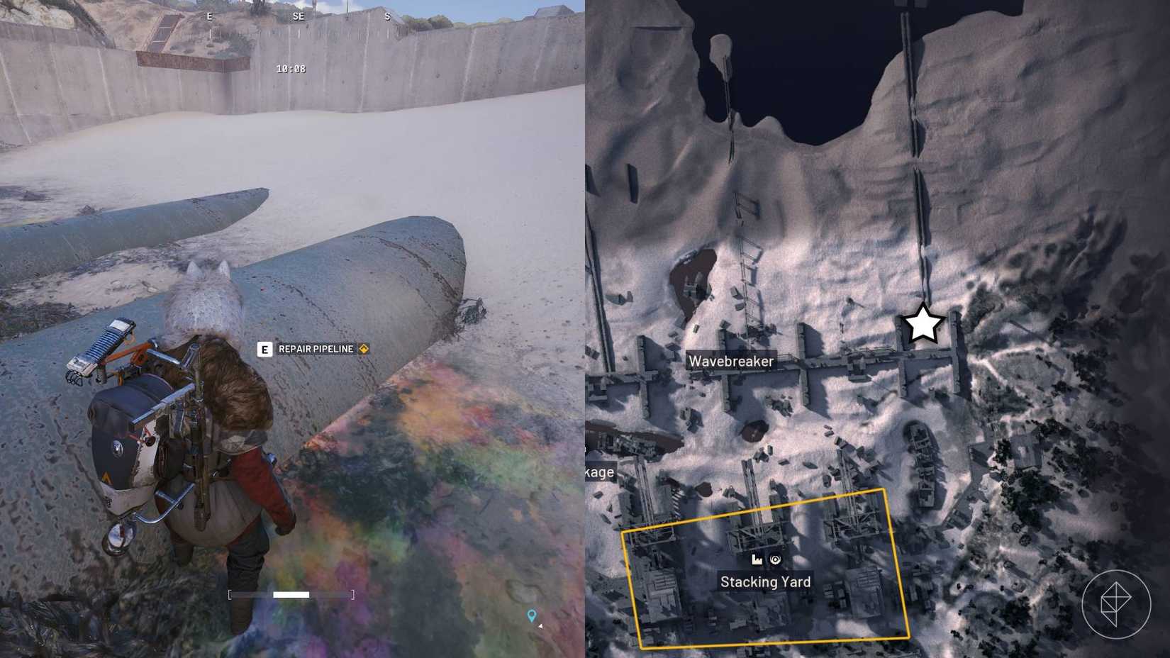 The left-hand side of the image shows the player in Arc Raiders standing in front of the objective for the quest while the right-hand side shows the location marked on the in-game map with a star.