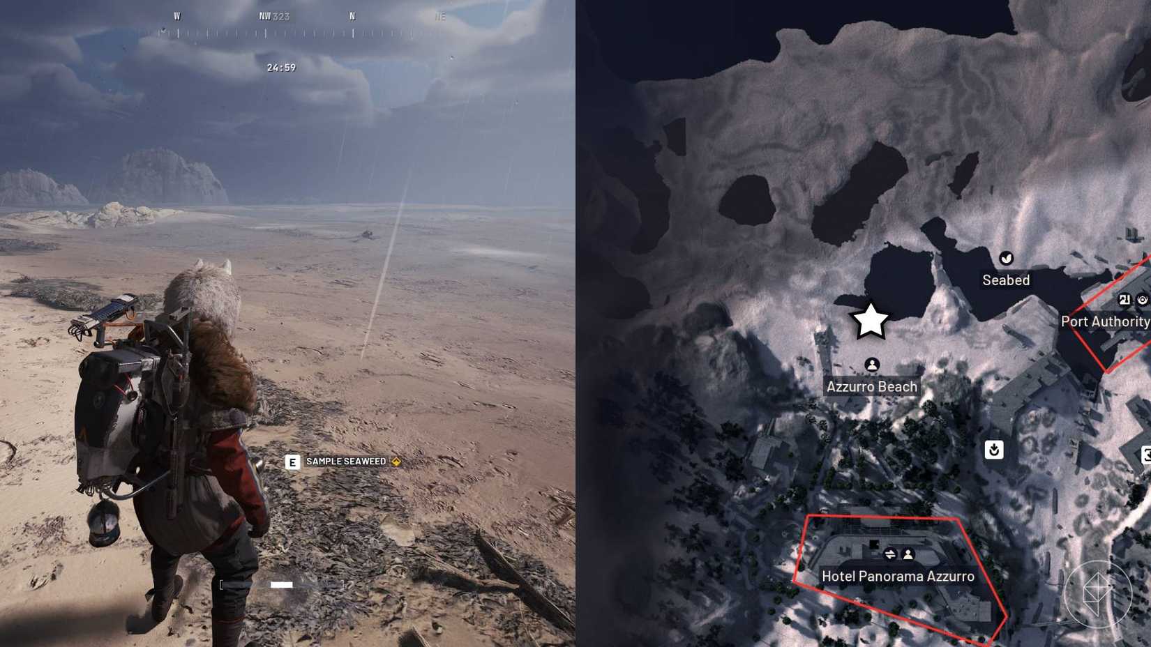 The left-hand side of the image shows the player in Arc Raiders standing in front of the objective for the quest while the right-hand side shows the location marked on the in-game map with a star.