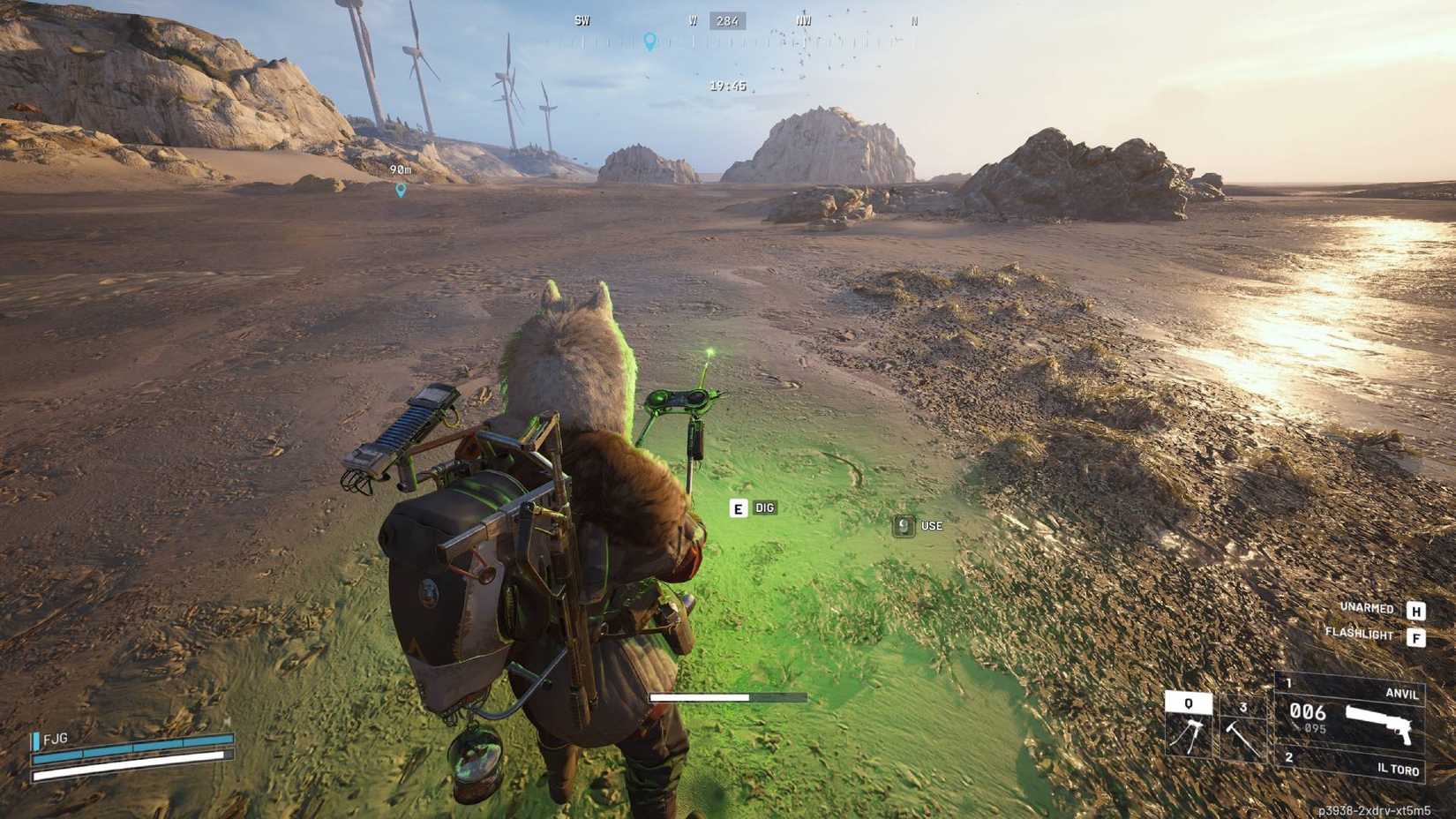 The player in Arc Raiders with the Dockmaster's Detector glowing green by a dig spot.