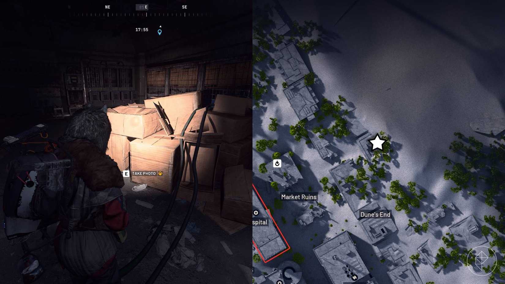 The left-hand side of the image shows the player standing at the objective in Arc Raiders while the right-hand side of the image shows the location marked on the in-game map with a star.
