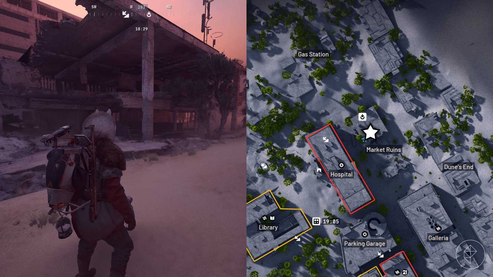 The left-hand side of the image shows the player standing at the objective in Arc Raiders while the right-hand side of the image shows the location marked on the in-game map with a star.
