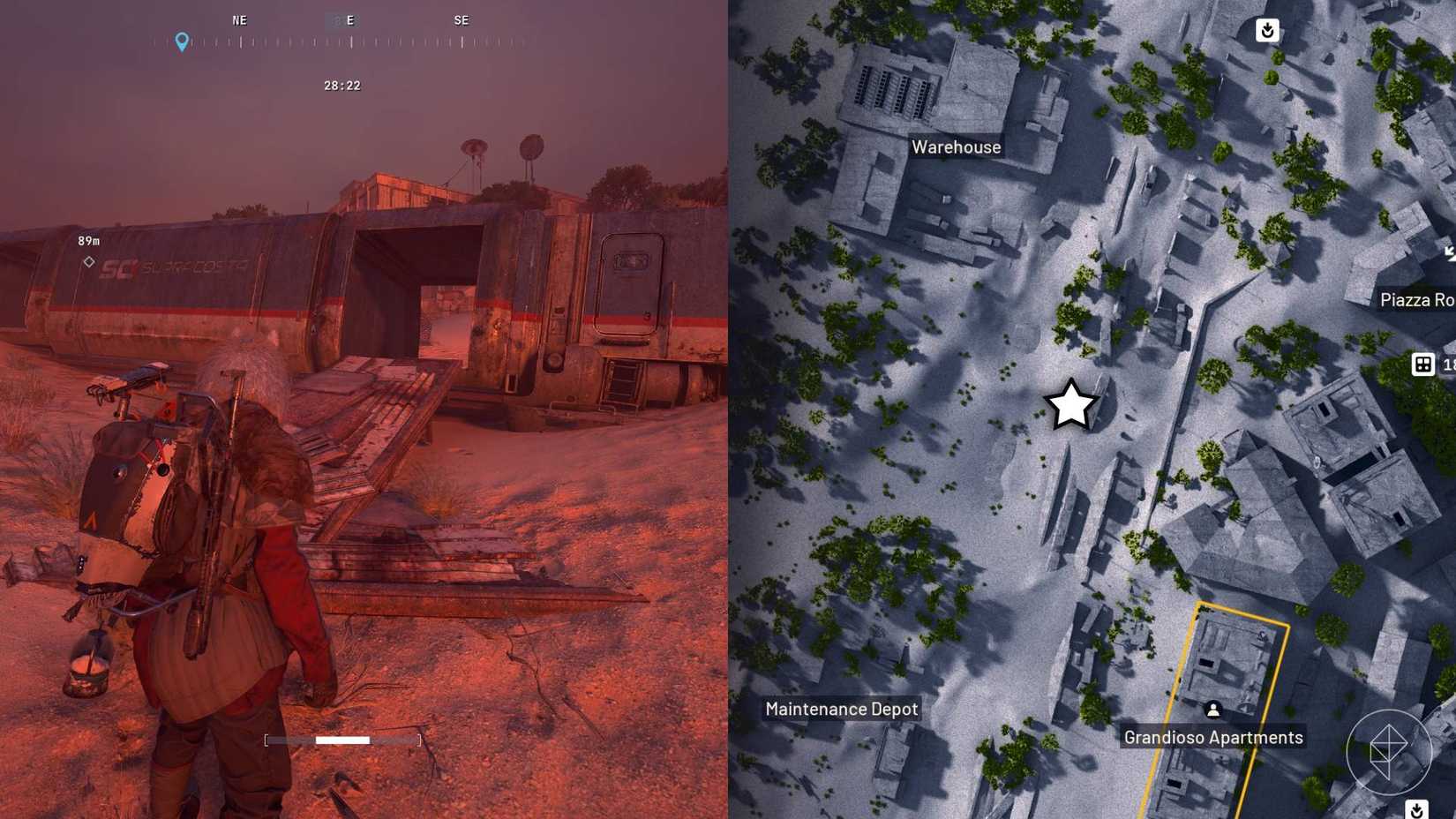 The left-hand side of the image shows the player standing at the objective in Arc Raiders while the right-hand side of the image shows the location marked on the in-game map with a star.