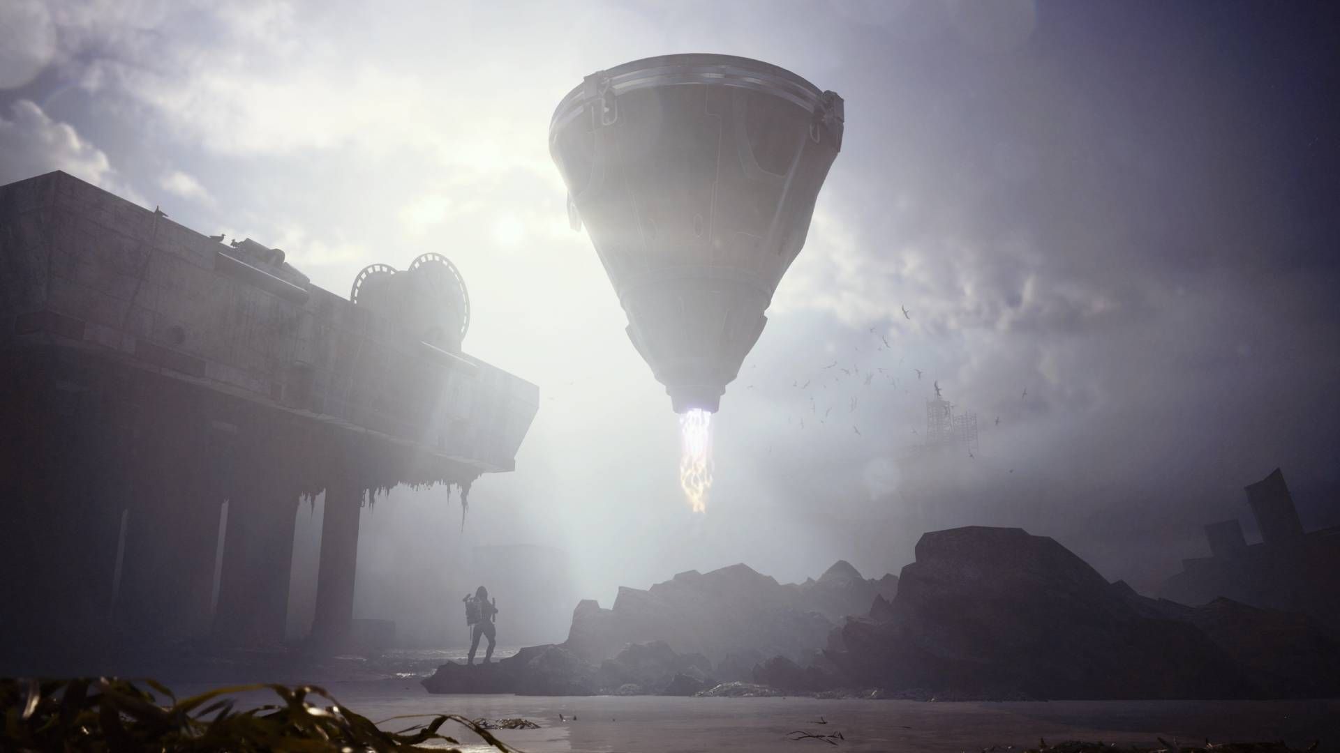 A Turbine hovering above a raider on Riven Tides in Arc Raiders.