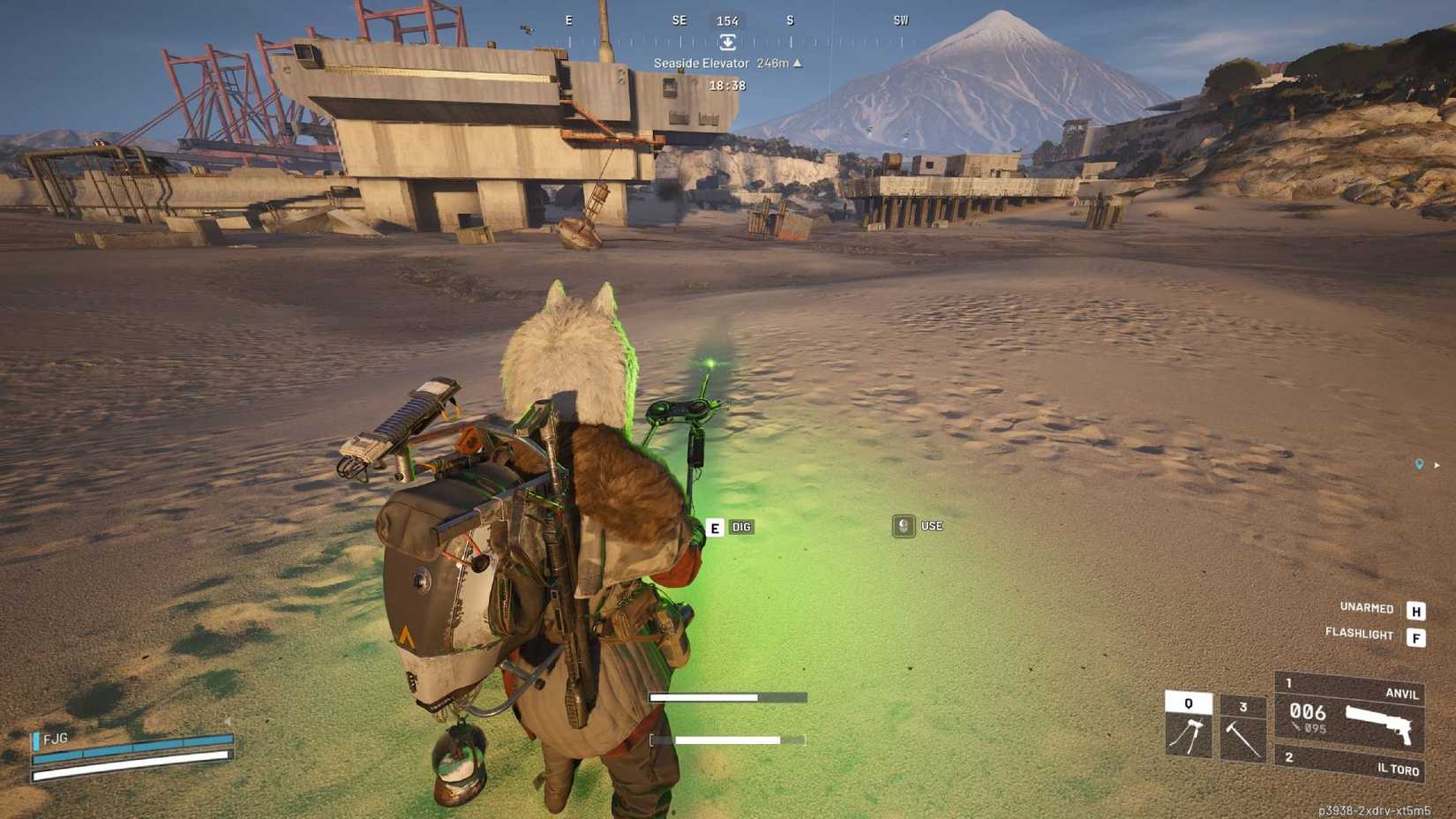 The player using a metal detector on the beach on Arc Raiders' Riven Tides map.