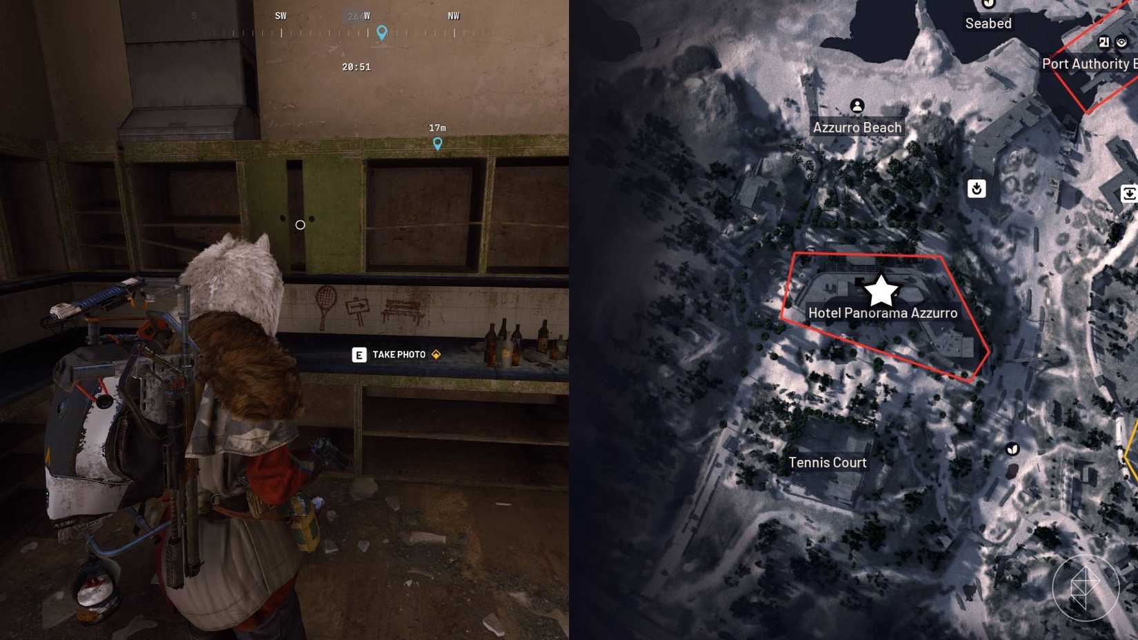 The left-hand side of the image shows the player standing in front of the objective in Arc Raiders while the right-hand side of the image shows the location marked on the in-game map with a star.