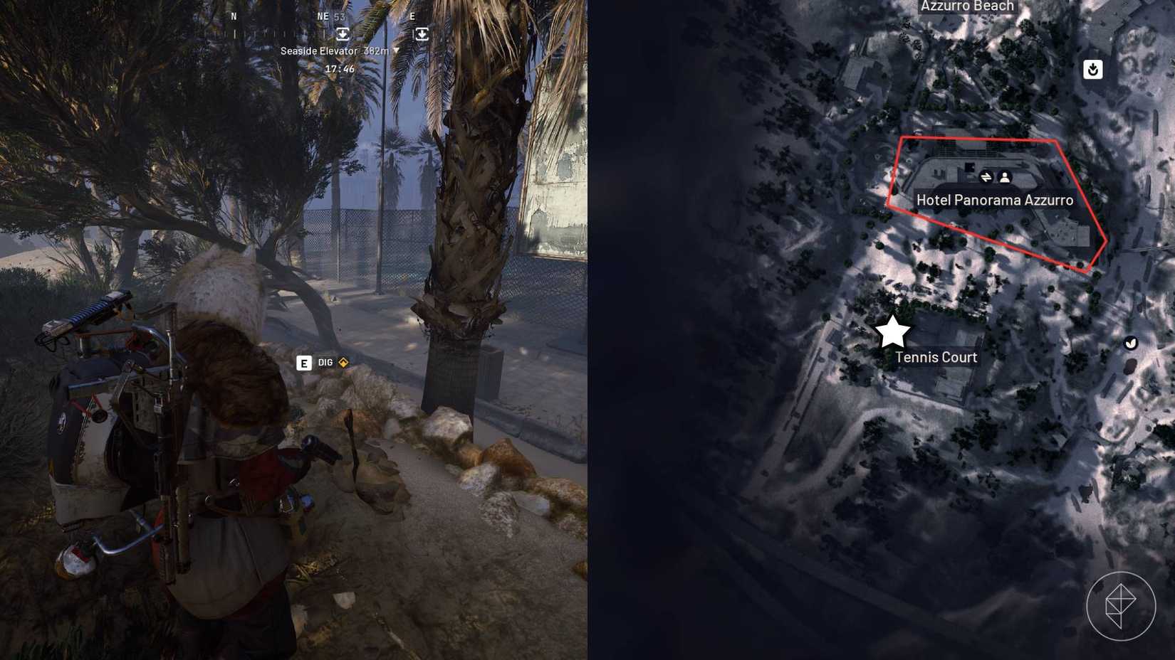 The left-hand side of the image shows the player standing in front of the objective in Arc Raiders while the right-hand side of the image shows the location marked on the in-game map with a star.