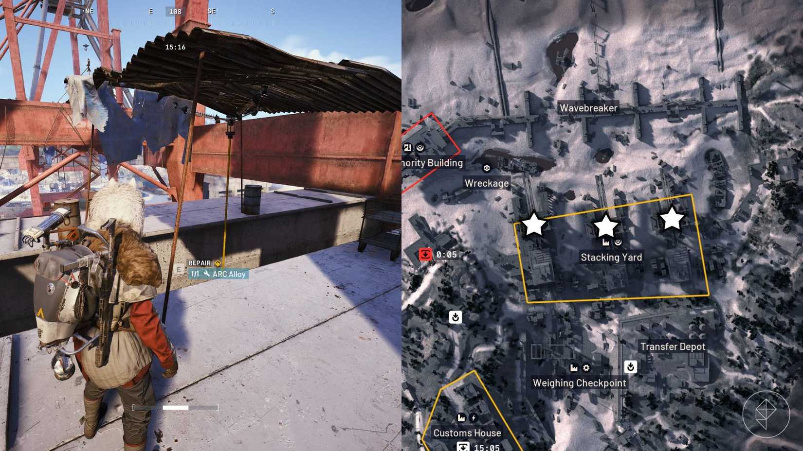 The left-hand side of the image shows the player standing in front of the objective in Arc Raiders while the right-hand side of the image shows the location marked on the in-game map with a star.