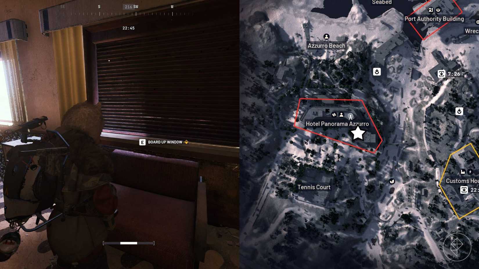 The left-hand side of the image shows the player standing in front of the objective in Arc Raiders while the right-hand side of the image shows the location marked on the in-game map with a star.