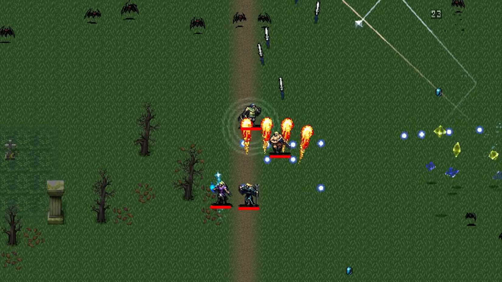 A screenshot of co-op play in Vampire Survivors.