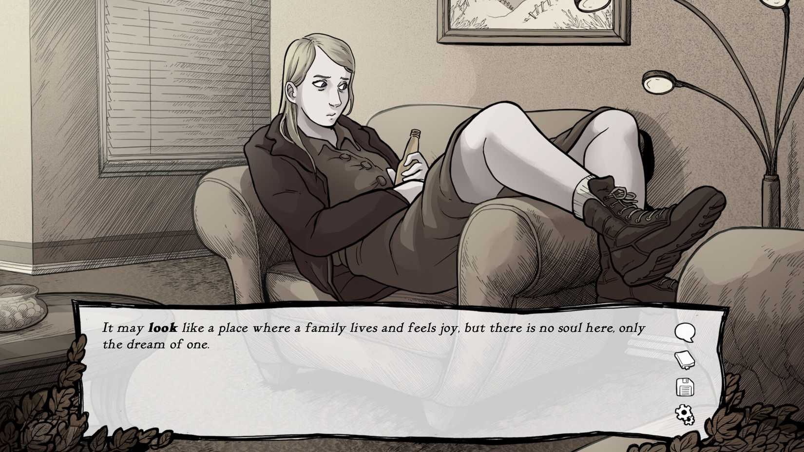 Tabitha reclining on a small sofa in Scarlet Hollow and looking depressed