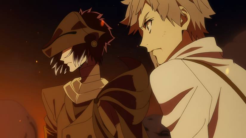 Two young boys, Atsushi and Akutagawa, stand together before a fight in Bungo Stray Dogs
