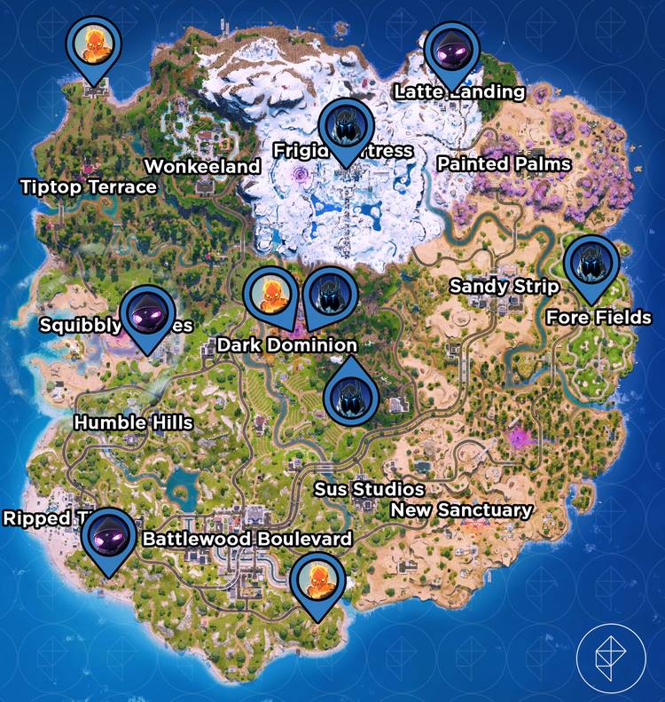 A map of the Golden Coast in Fortnite Chapter 7 Season 2 with the locations of the three bosses marked with pins.