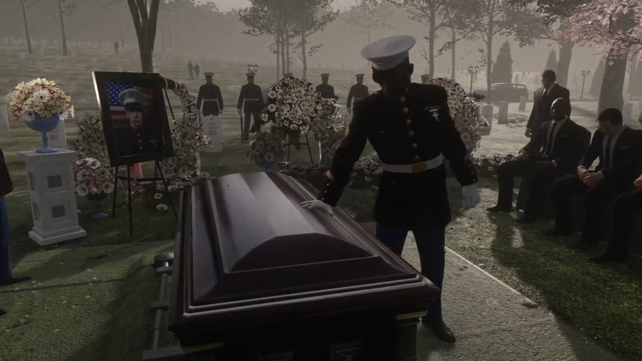 A Call of Duty soldier approaches a casket to press F and pay respects