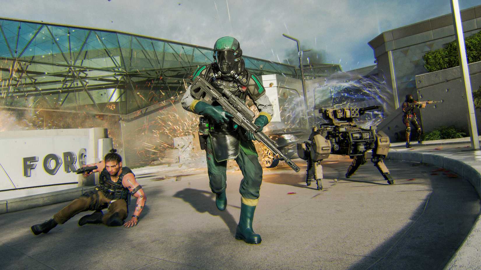 A soldier in a futuristic green battle suit runs through a war zone