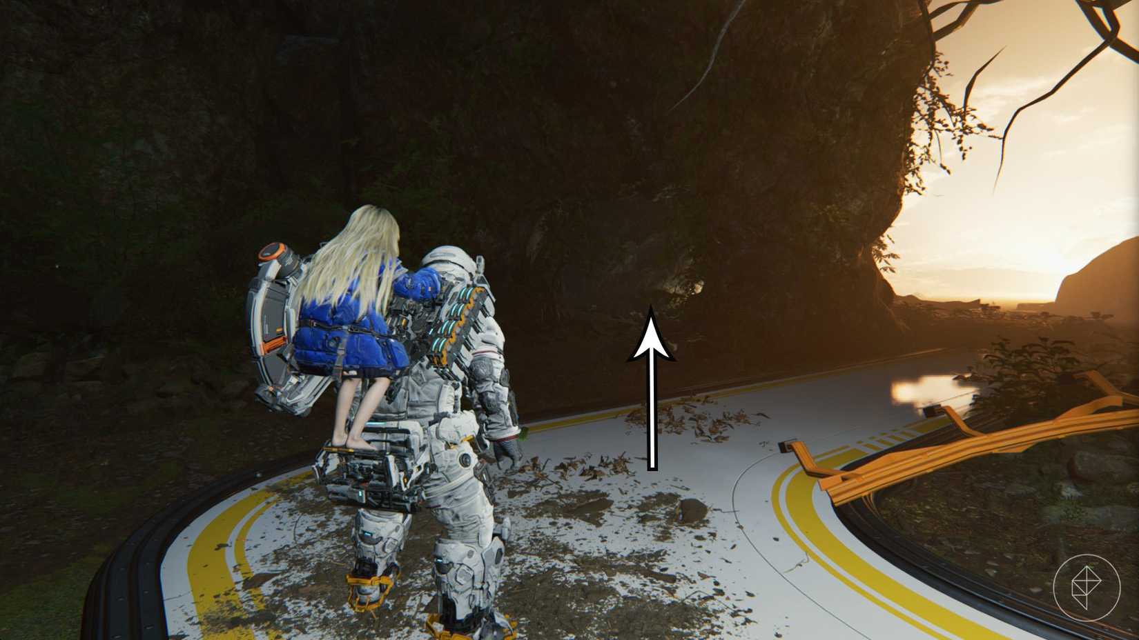 A man carrying a girl on his back looking toward a rock face with a cave opening in Pragmata.