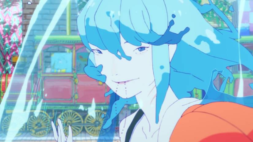 Chao, a woman with blue hair and gills, holds a necklace in her mouth while submerged in water in ChaO