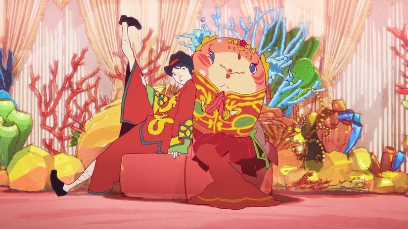 Stephan, a young man, and Chao, a giant goldfish, sit on a small couch wearing Japanese wedding formalwear in a ballroom surrounded by coral in ChaO