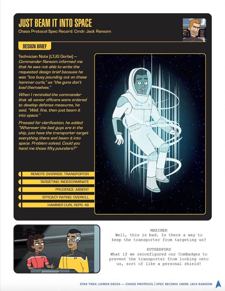 Un folleto del juego de escape room Lower Decks: Chaos Protocol muestra a Rutherford siendo transportado al espacio.