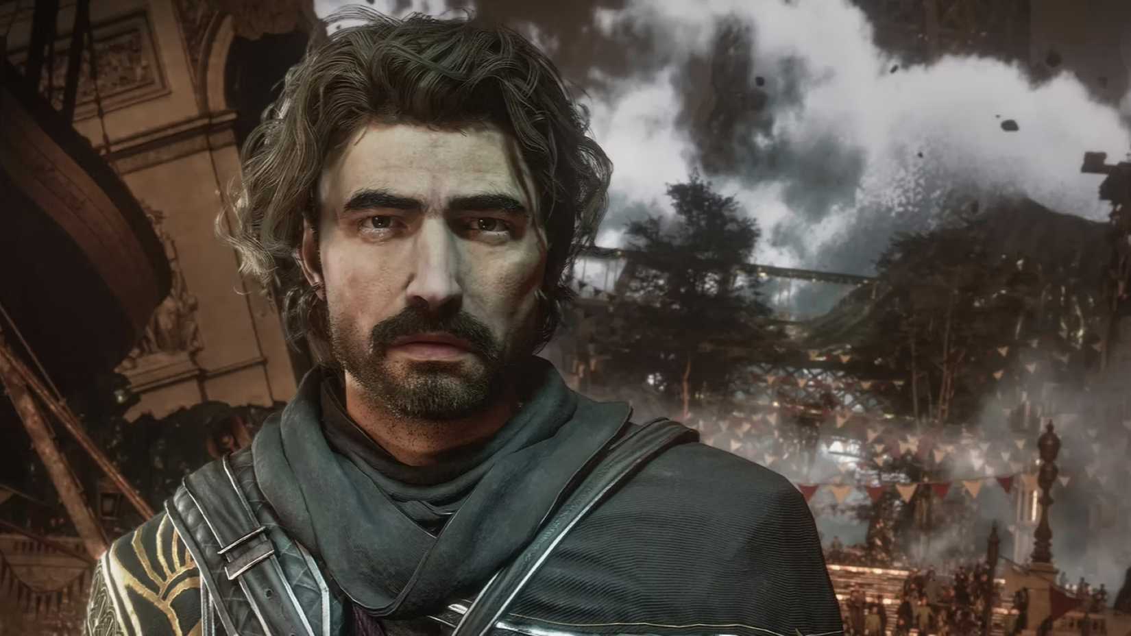 A close-up shot of expeditioner Gustave, who looks like Robert Pattinson, from Clair Obscur Expedition 33