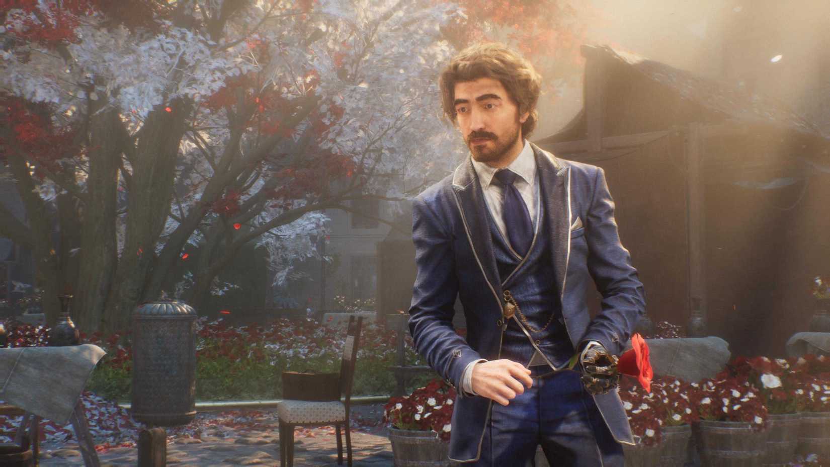 Gustave in a blue suit holding a red flower in a screenshot from Clair Obscur Expedition 33's prologue