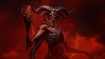 Mephisto stands before some red lightning in all his demonic glory