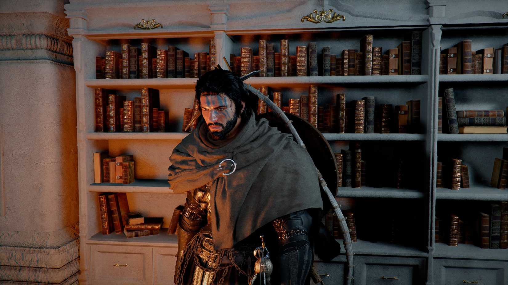 Kliff in Crimson Desert, looking grumpy in front of some bookshelves